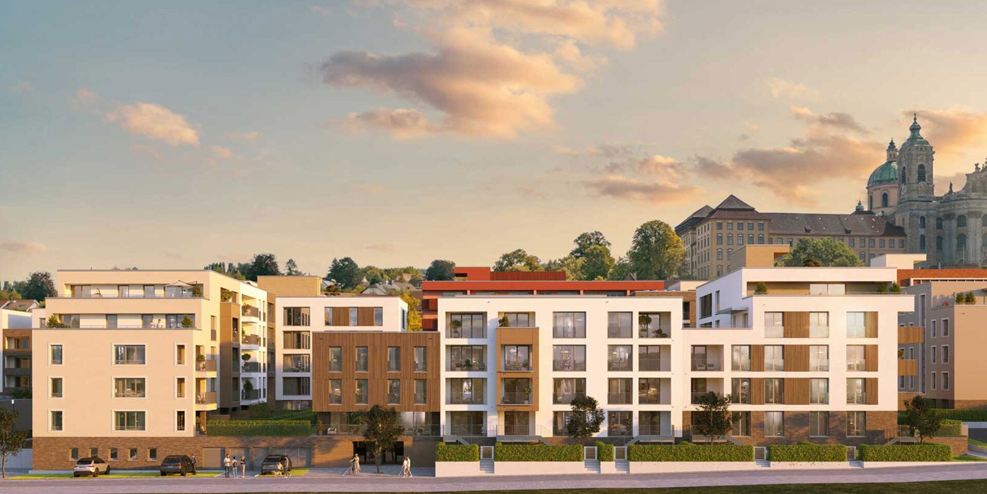 Neubau Wohnungen Weingarten kaufen – BUWOG Martinshöfe mit Blick auf die Basilika St. Martin